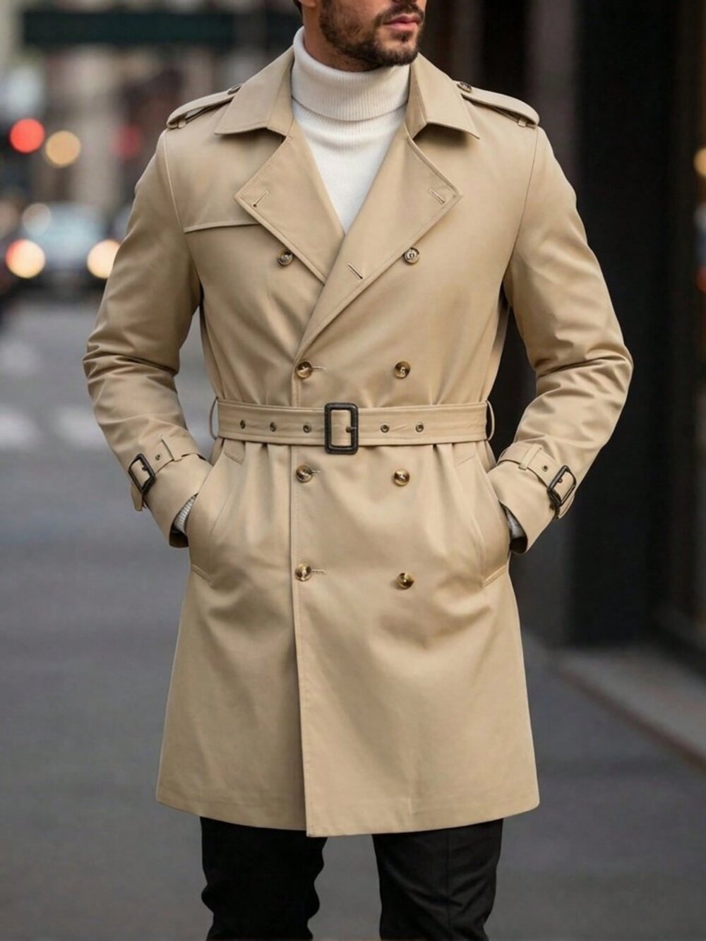 Khaki Business Commuting Men's Casual Loose Fit Trench Coat - Picture 7 of 7